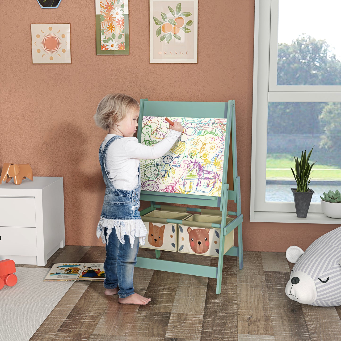Kids Easel with Paper Roll, Blackboard, Whiteboard, Storage, Green