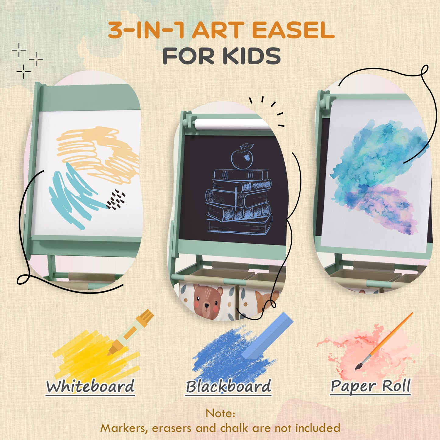 Kids Easel with Paper Roll, Blackboard, Whiteboard, Storage, Green