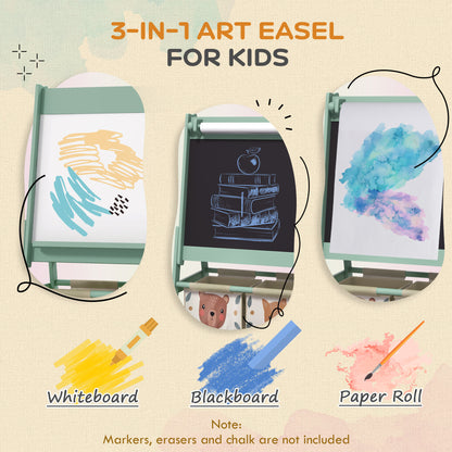 Kids Easel with Paper Roll, Blackboard, Whiteboard, Storage, Green