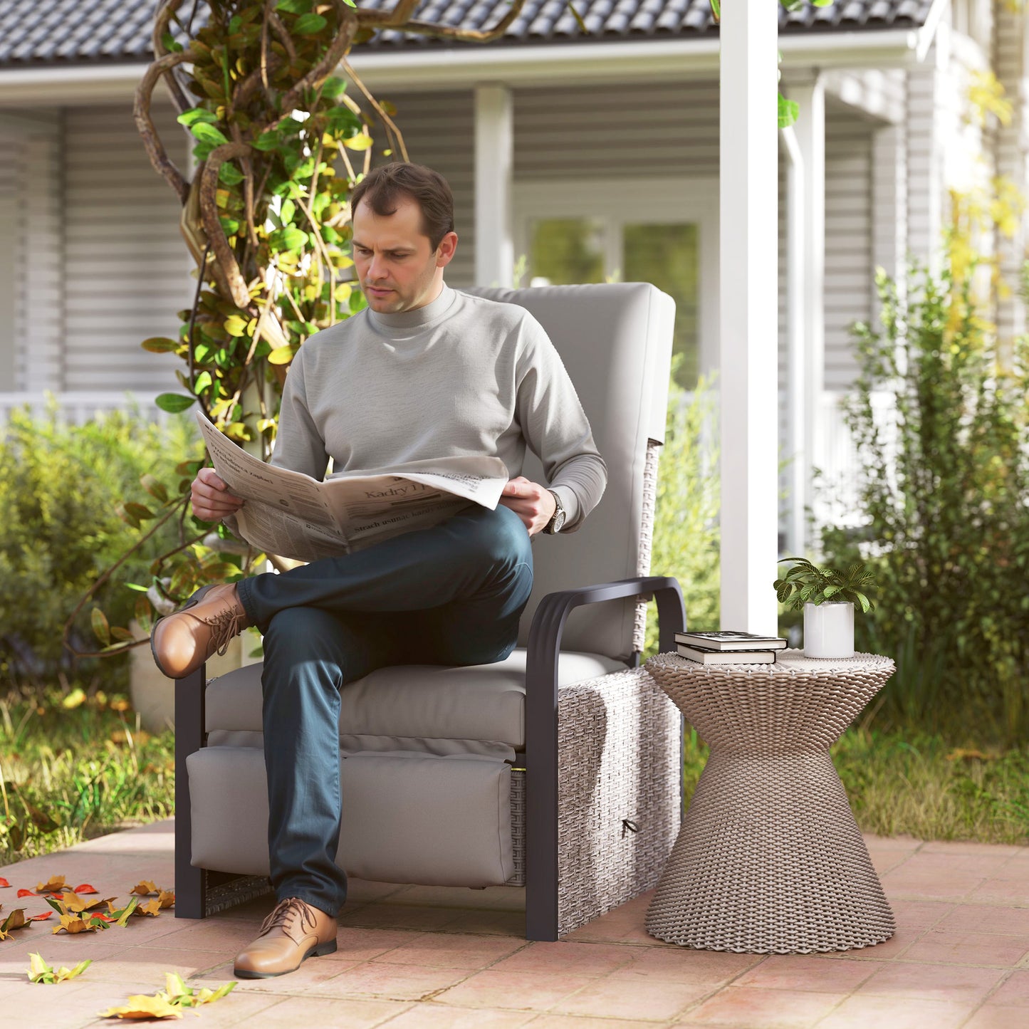 Rattan Garden Recliner Chair Sun Lounger w/ Side Tray, Grey