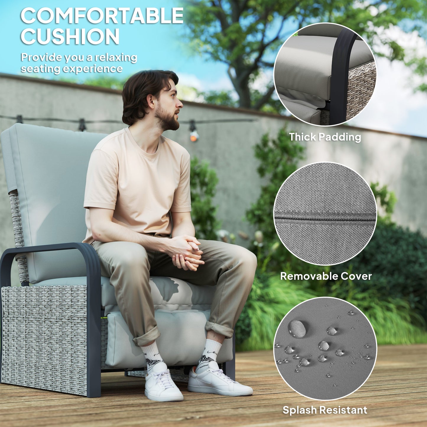 Rattan Garden Recliner Chair Sun Lounger w/ Side Tray, Grey