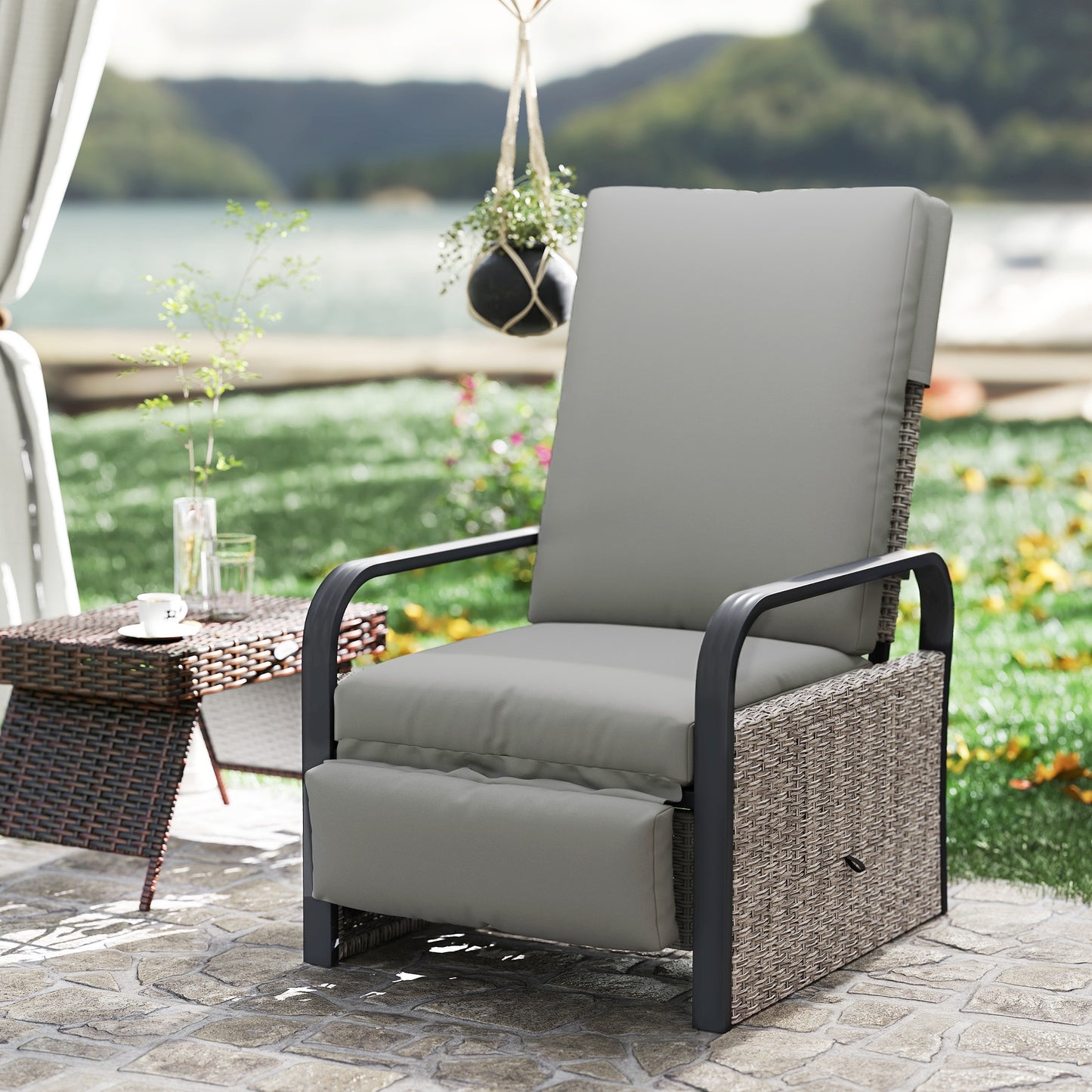 Rattan Garden Recliner Chair Sun Lounger w/ Side Tray, Grey