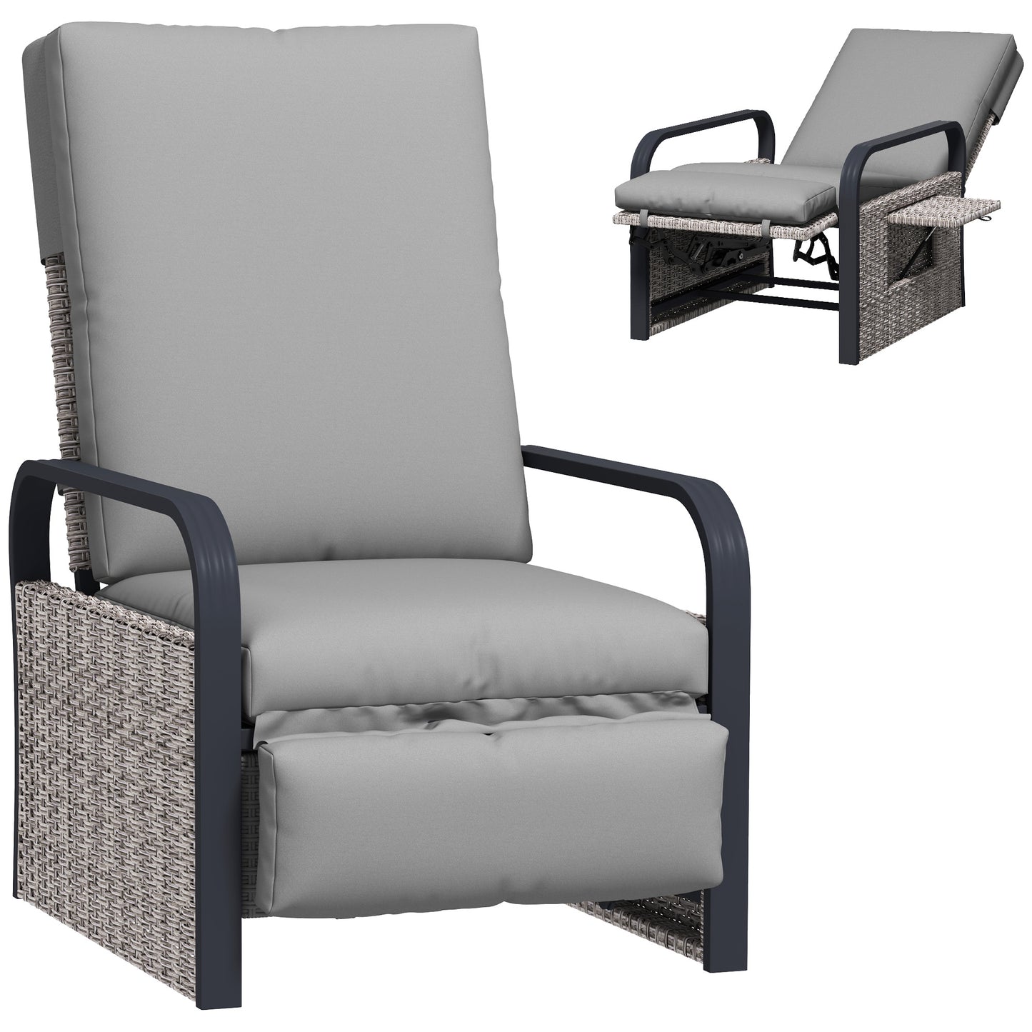 Rattan Garden Recliner Chair Sun Lounger w/ Side Tray, Grey