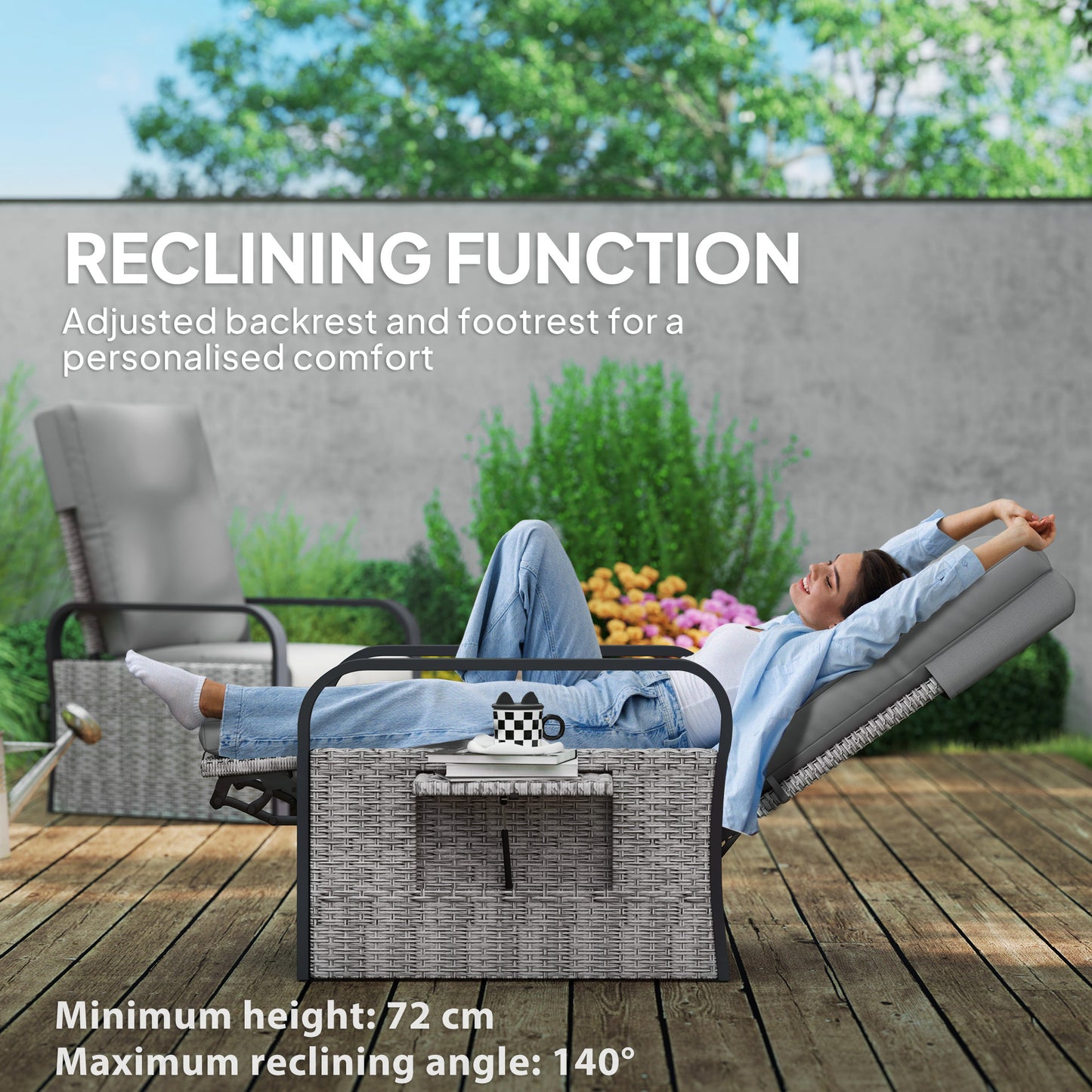 Rattan Garden Recliner Chair Sun Lounger w/ Side Tray, Grey