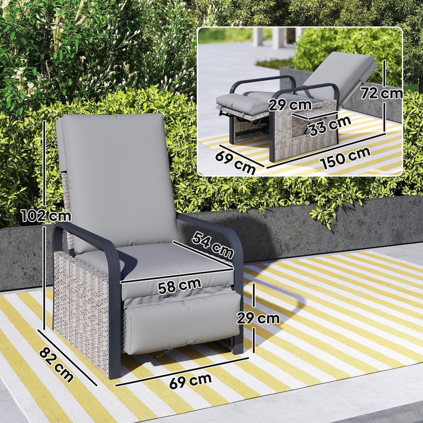 Rattan Garden Recliner Chair Sun Lounger w/ Side Tray, Grey