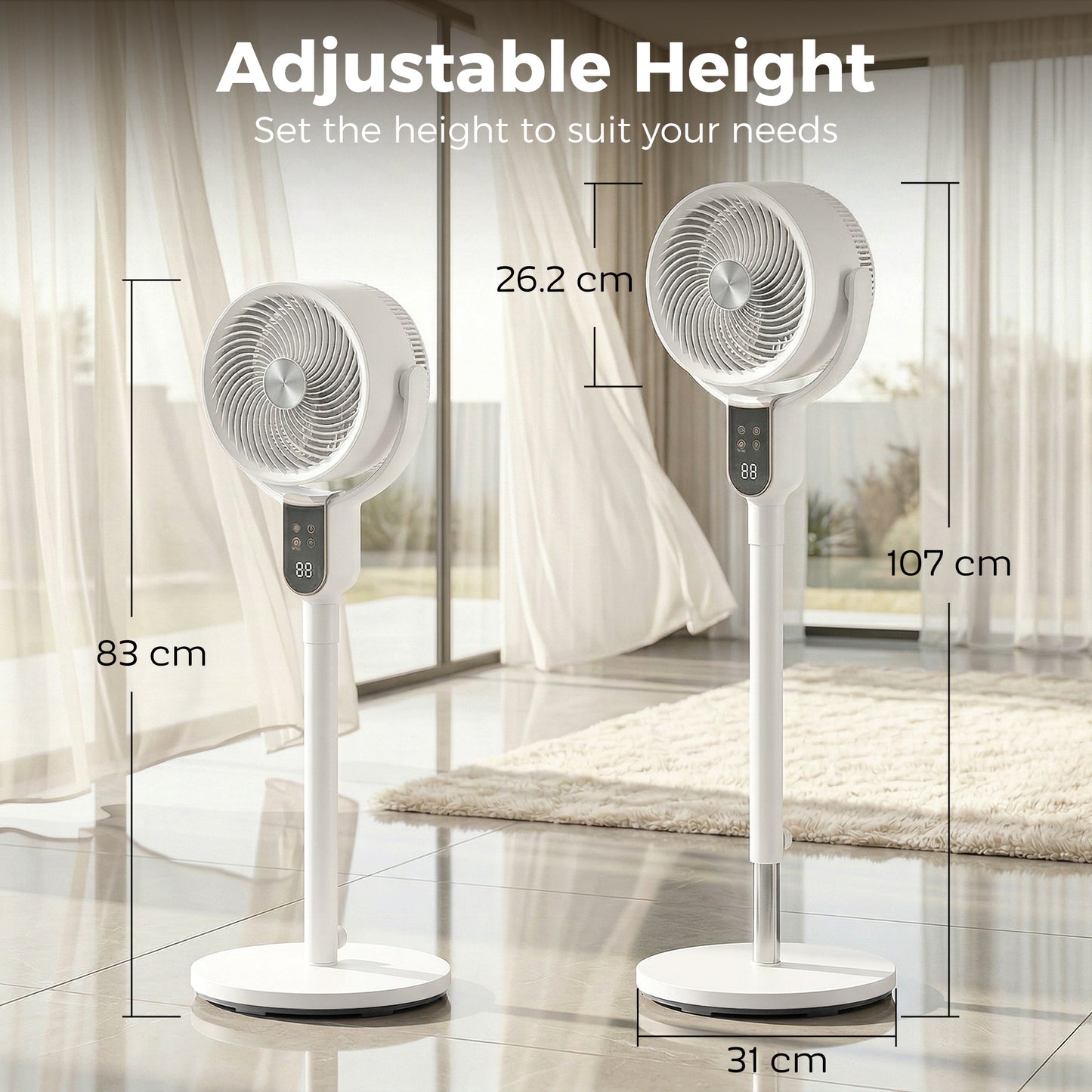 20 dB Silent Standing Fan for Bedroom, 42" Pedestal Fan with 70° Oscillating, 90° Vertical Tilt, 8 Speeds, Remote Control, 12H Timer, Adjustable Height, Child Lock, White