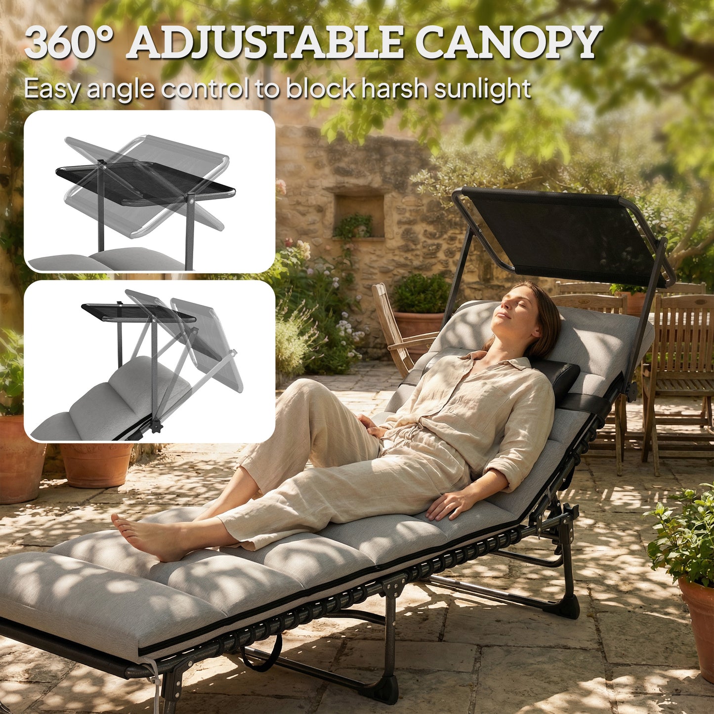 Folding Sun Lounger, Sunbed with Canopy, Light Grey