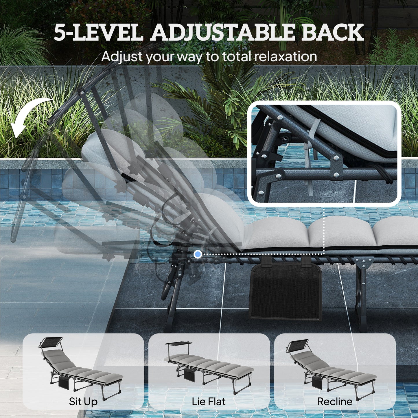 Folding Sun Lounger, Sunbed with Canopy, Light Grey