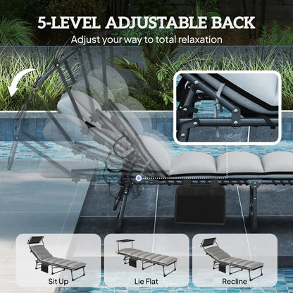 Folding Sun Lounger, Sunbed with Canopy, Light Grey