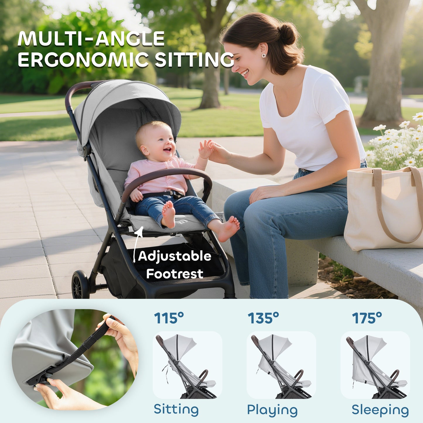 Baby Stroller with Adjustable Seat, Travel Pushchair, Light Grey