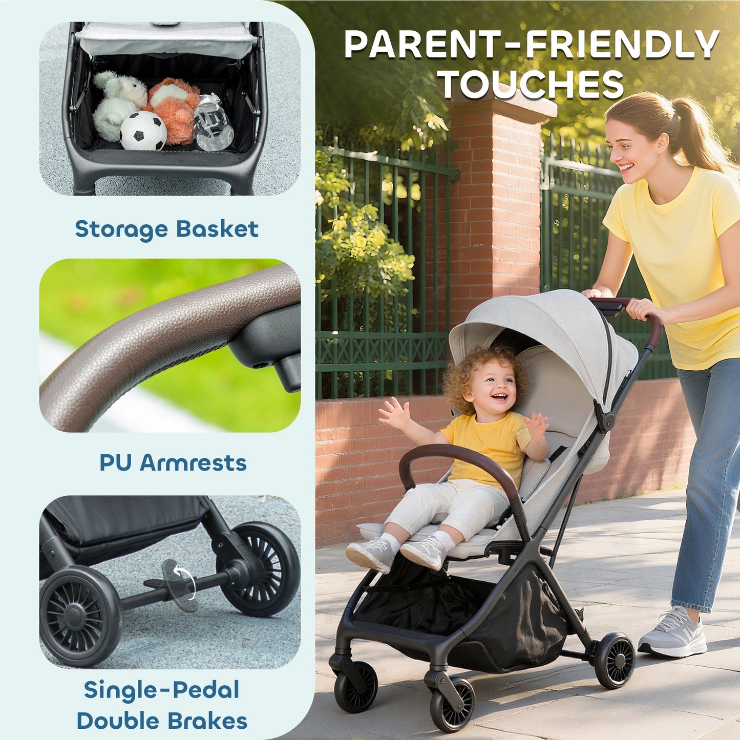 Baby Stroller with Adjustable Seat, Travel Pushchair, Light Grey