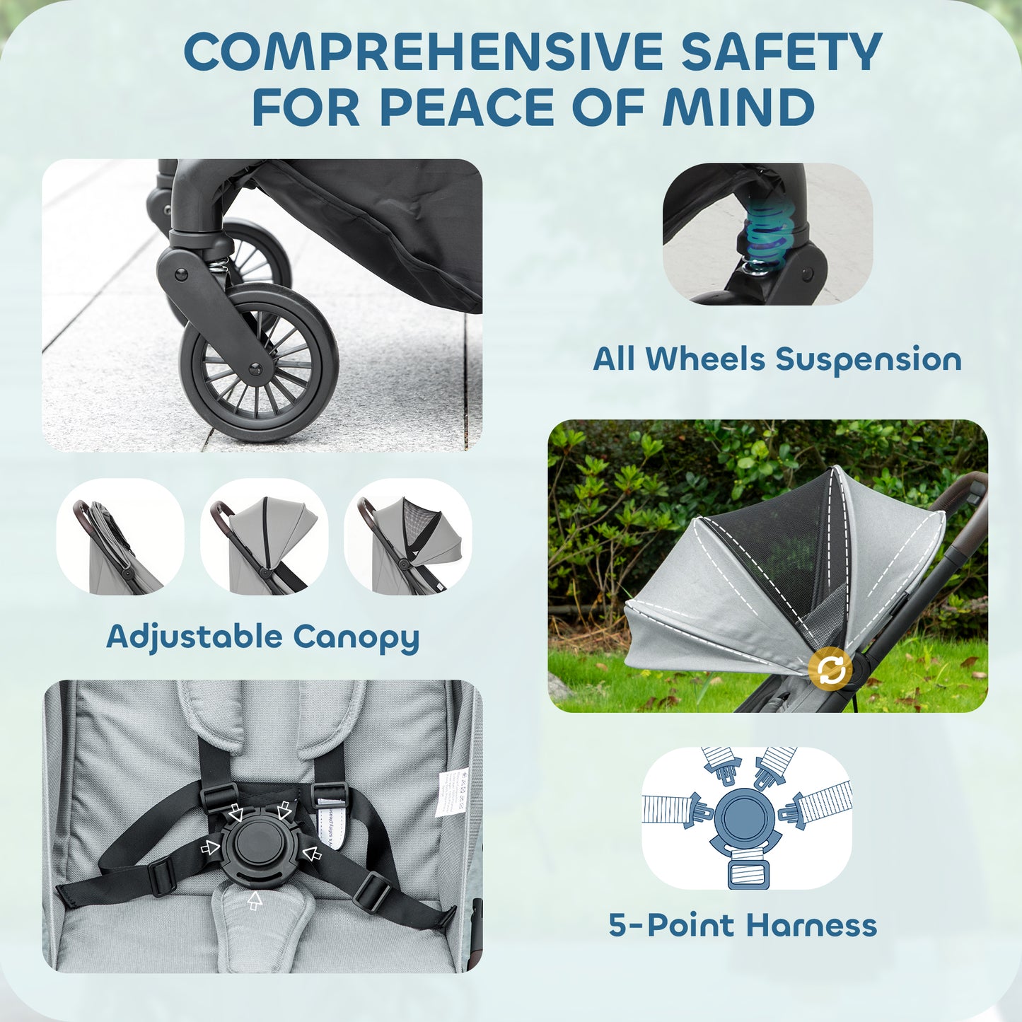 Baby Stroller with Adjustable Seat, Travel Pushchair, Light Grey