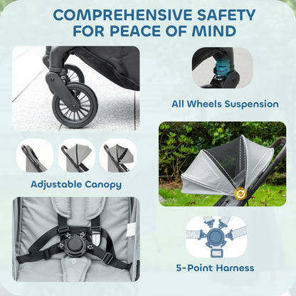 Baby Stroller with Adjustable Seat, Travel Pushchair, Light Grey