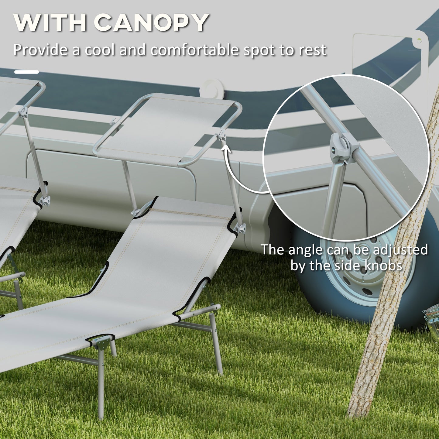 Outdoor Foldable Sun Lounger Set of 2, 4 Level Adjustable Backrest Reclining Sun Lounger Chair with Angle Adjust Sun Shade Awning for Beach, Garden, Patio, Grey