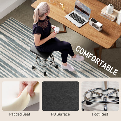 PU Leather Rolling Stool, Height Adjustable Salon Chair, Black