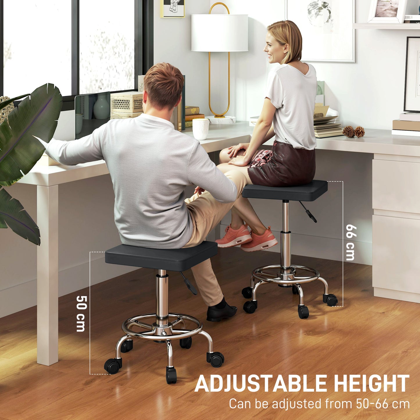 PU Leather Rolling Stool, Height Adjustable Salon Chair, Black