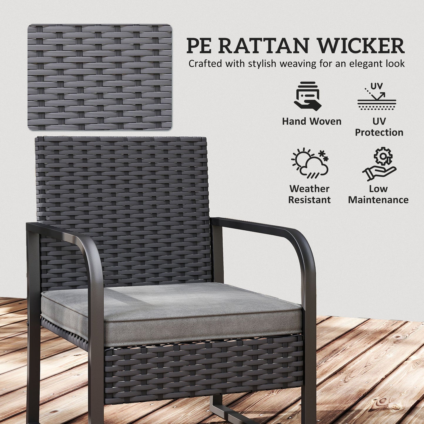 Rattan Bistro Set, 3 Piece Garden Furniture Set Cushions, Black