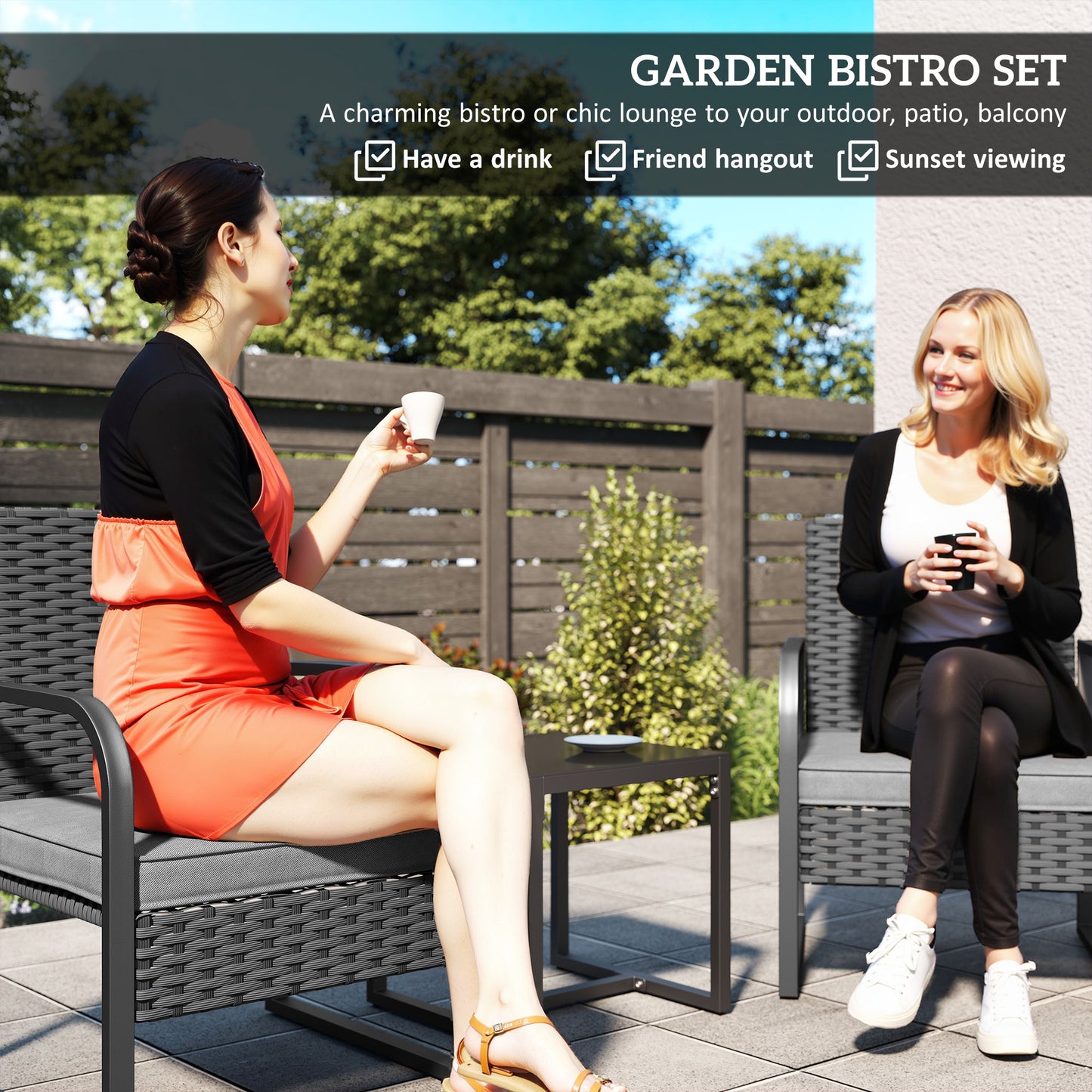 Rattan Bistro Set, 3 Piece Garden Furniture Set Cushions, Black