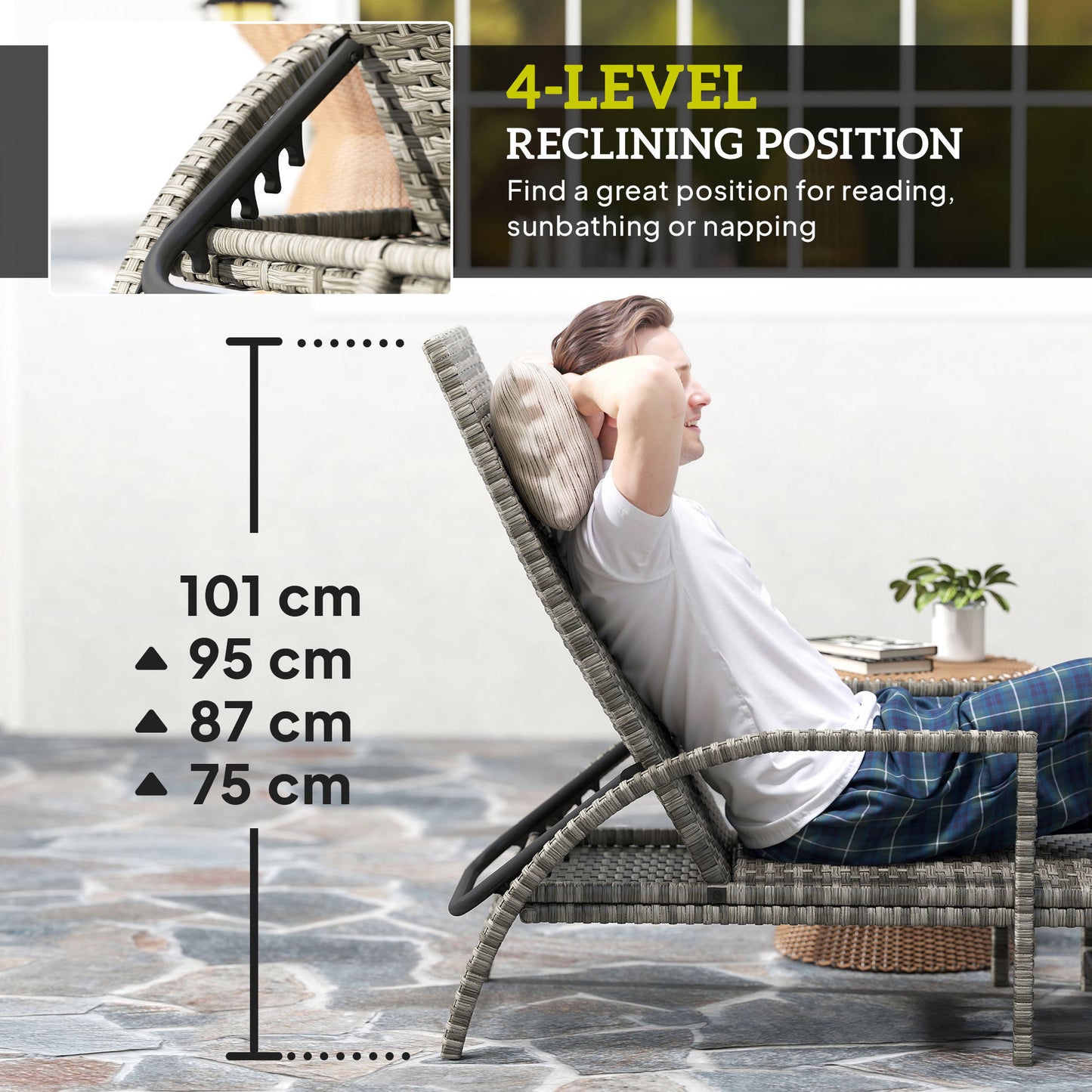 PE Rattan Sun Lounger with 4-Level Adjustable Backrest, Mixed-grey