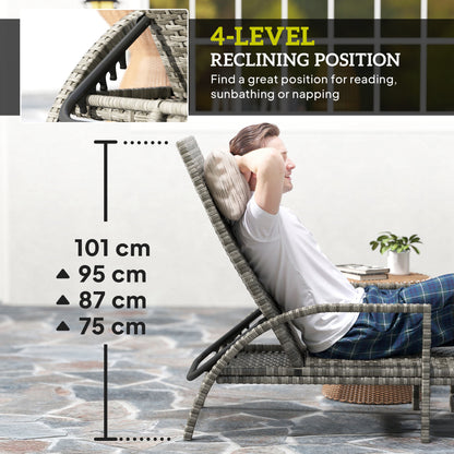 PE Rattan Sun Lounger with 4-Level Adjustable Backrest, Mixed-grey