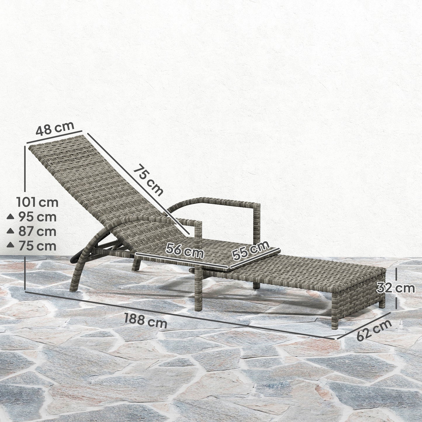 PE Rattan Sun Lounger with 4-Level Adjustable Backrest, Mixed-grey