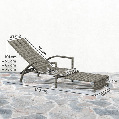 PE Rattan Sun Lounger with 4-Level Adjustable Backrest, Mixed-grey