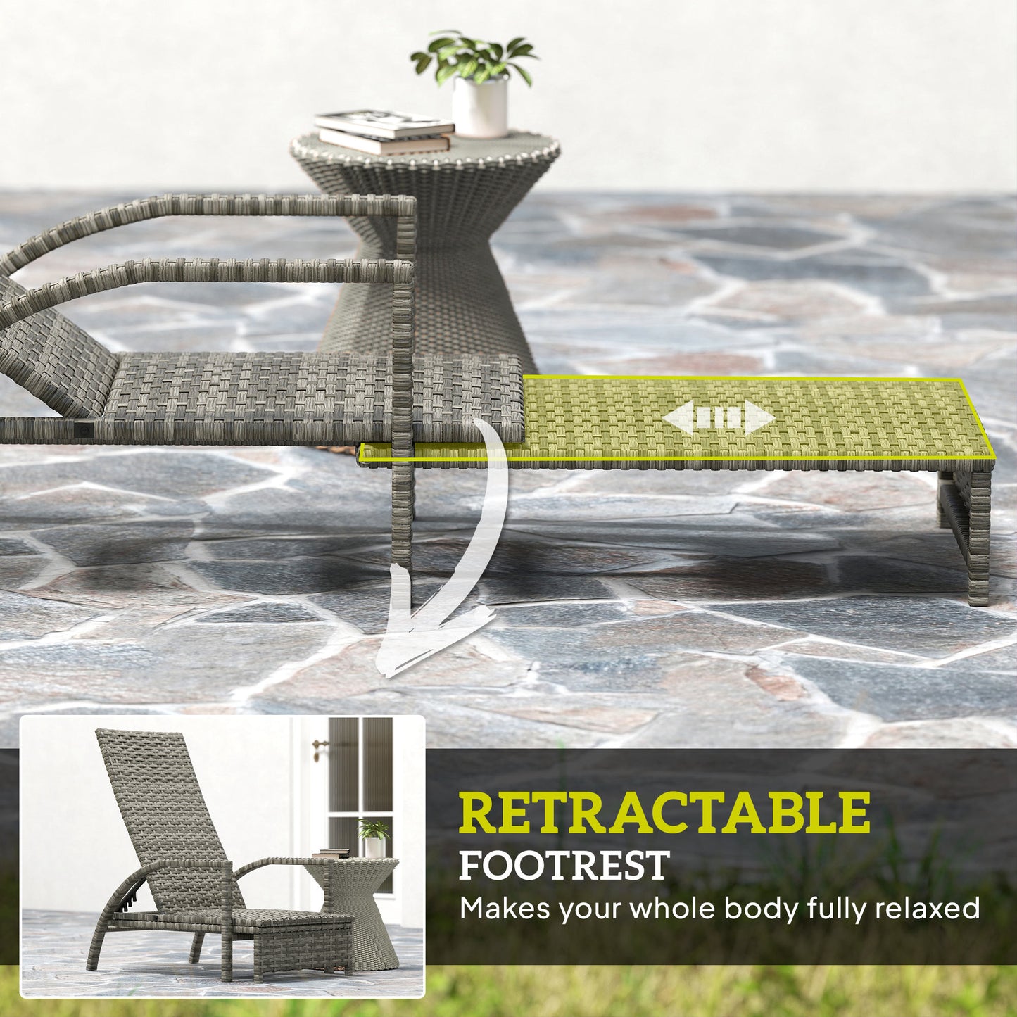 PE Rattan Sun Lounger with 4-Level Adjustable Backrest, Mixed-grey