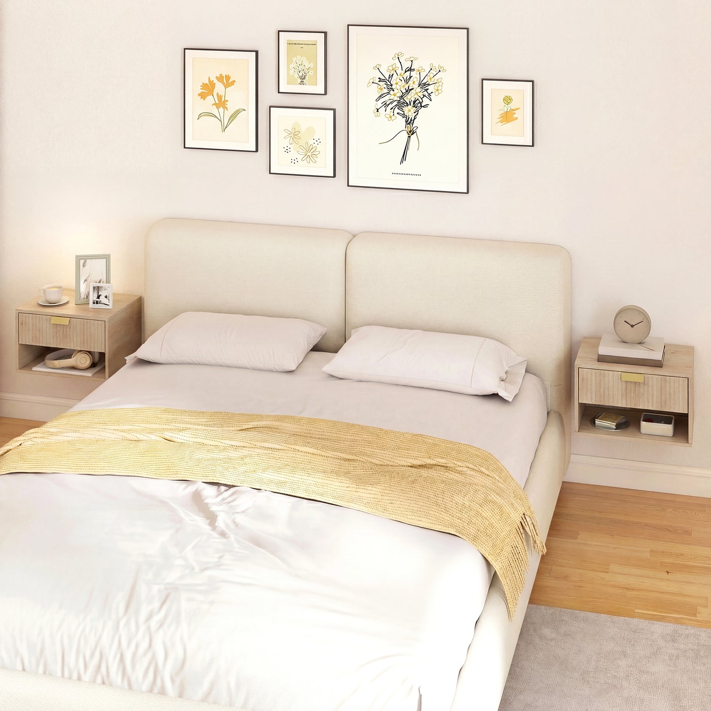 Floating Bedside Tables Set of 2 with Fluted Drawer Open Shelf Oak