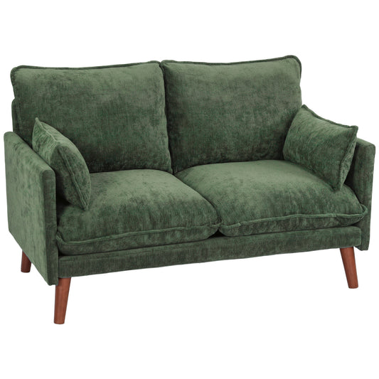 2 Seater Sofa, 131cm Velvet-Feel Fabric Loveseat Sofa with Spring Cushions, Wide and Deep Seat, Wood Legs, 2 Pillows, Modern Couch Settee for Small Space, Living Room, Bedroom, Office, Green