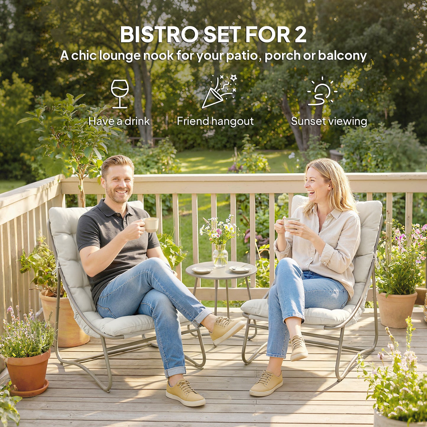 Garden Bistro Set, Bistro Table and Chairs w/ Cushions, Light Grey