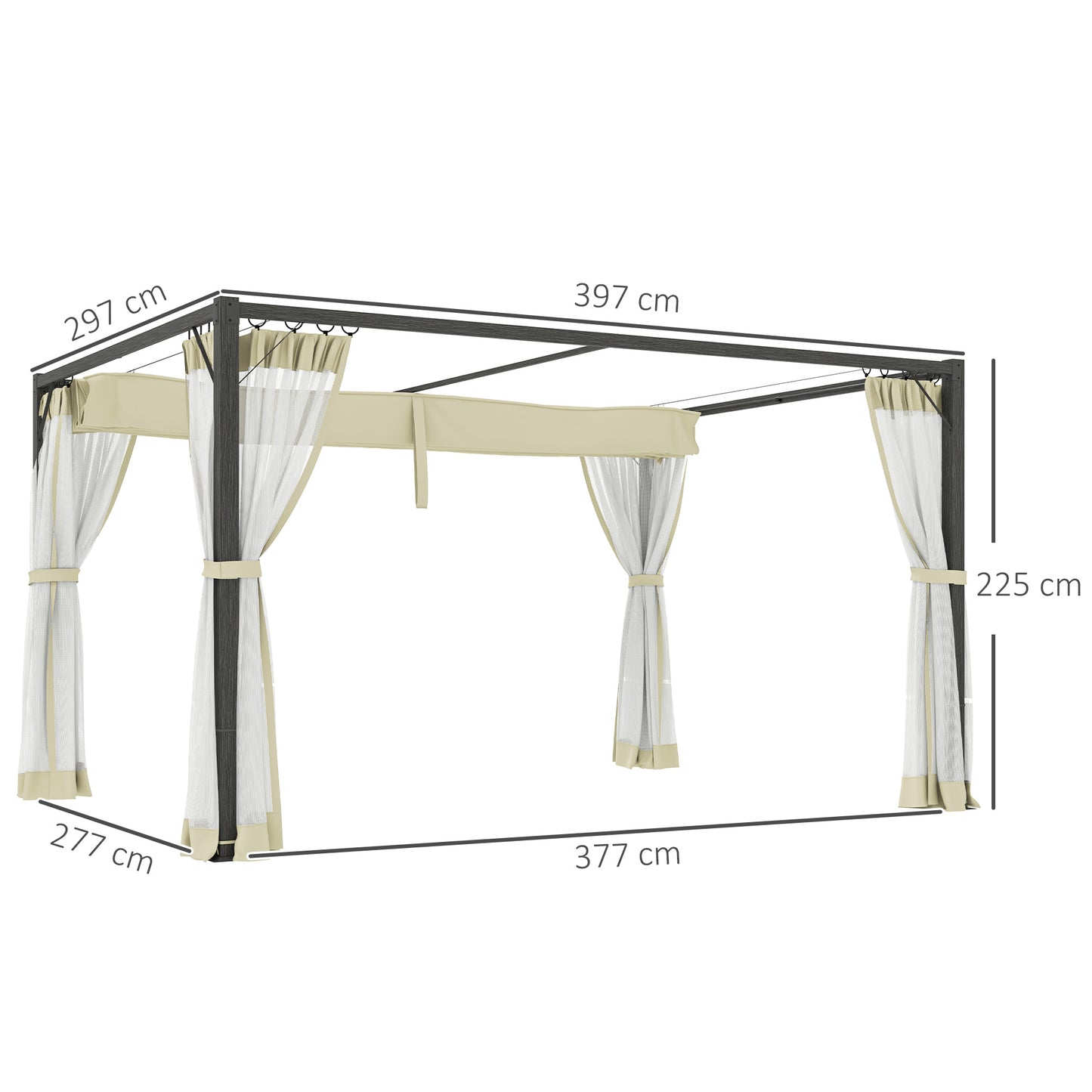 3 x 4m Pergola with Retractable Roof and Netting, Khaki