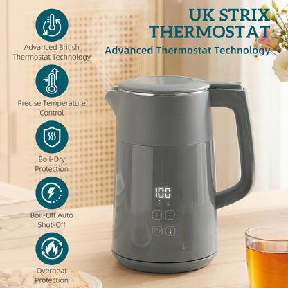 Electric Kettle, 1.7L Fast Boil 3kW Water Kettle with UK Strix Thermostat, LED Display, Keep Warm Function, Auto Shut-off and Boil-Dry Protection, Grey