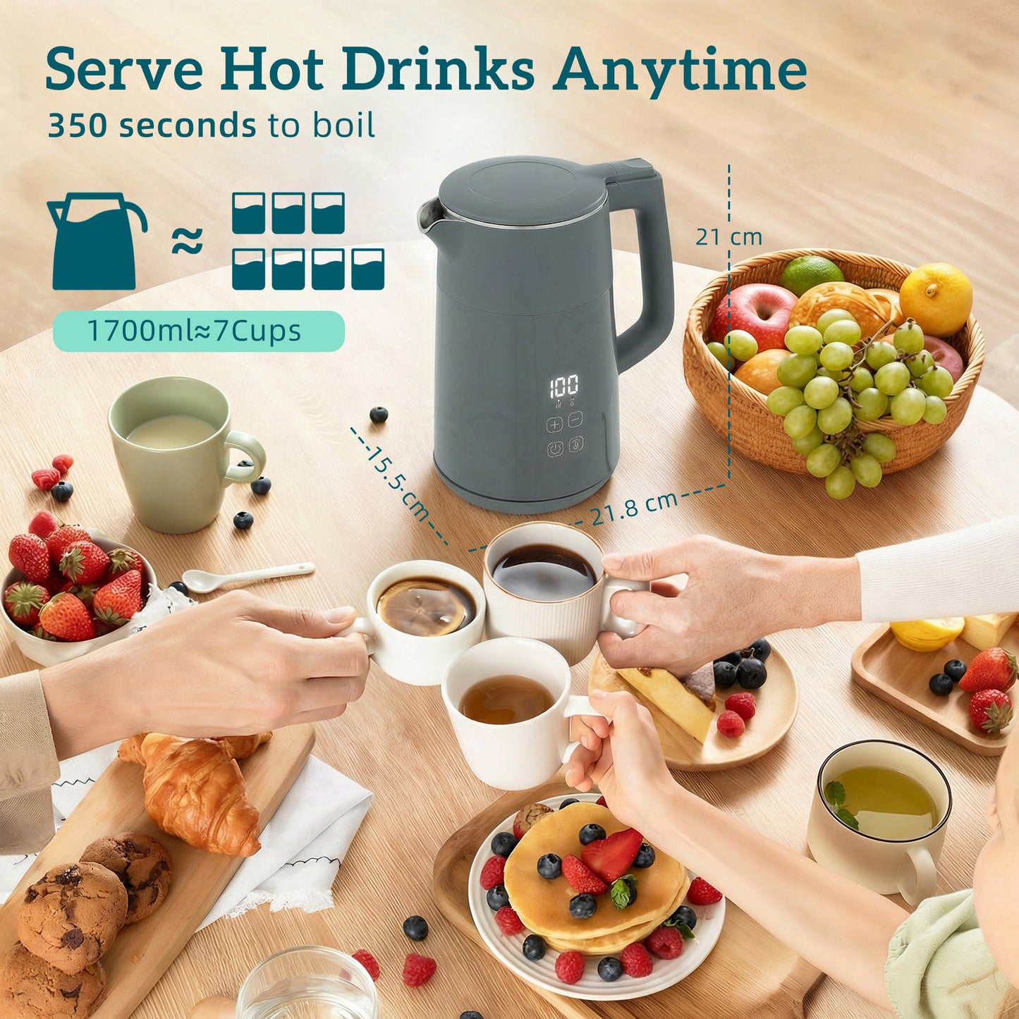 Electric Kettle, 1.7L Fast Boil 3kW Water Kettle with UK Strix Thermostat, LED Display, Keep Warm Function, Auto Shut-off and Boil-Dry Protection, Grey