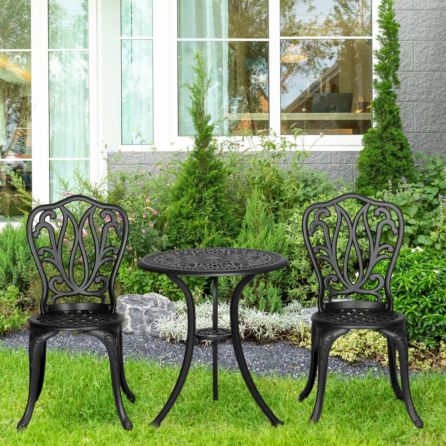3 Piece Patio Bistro Set Outdoor Table Set with Umbrella Hole Black