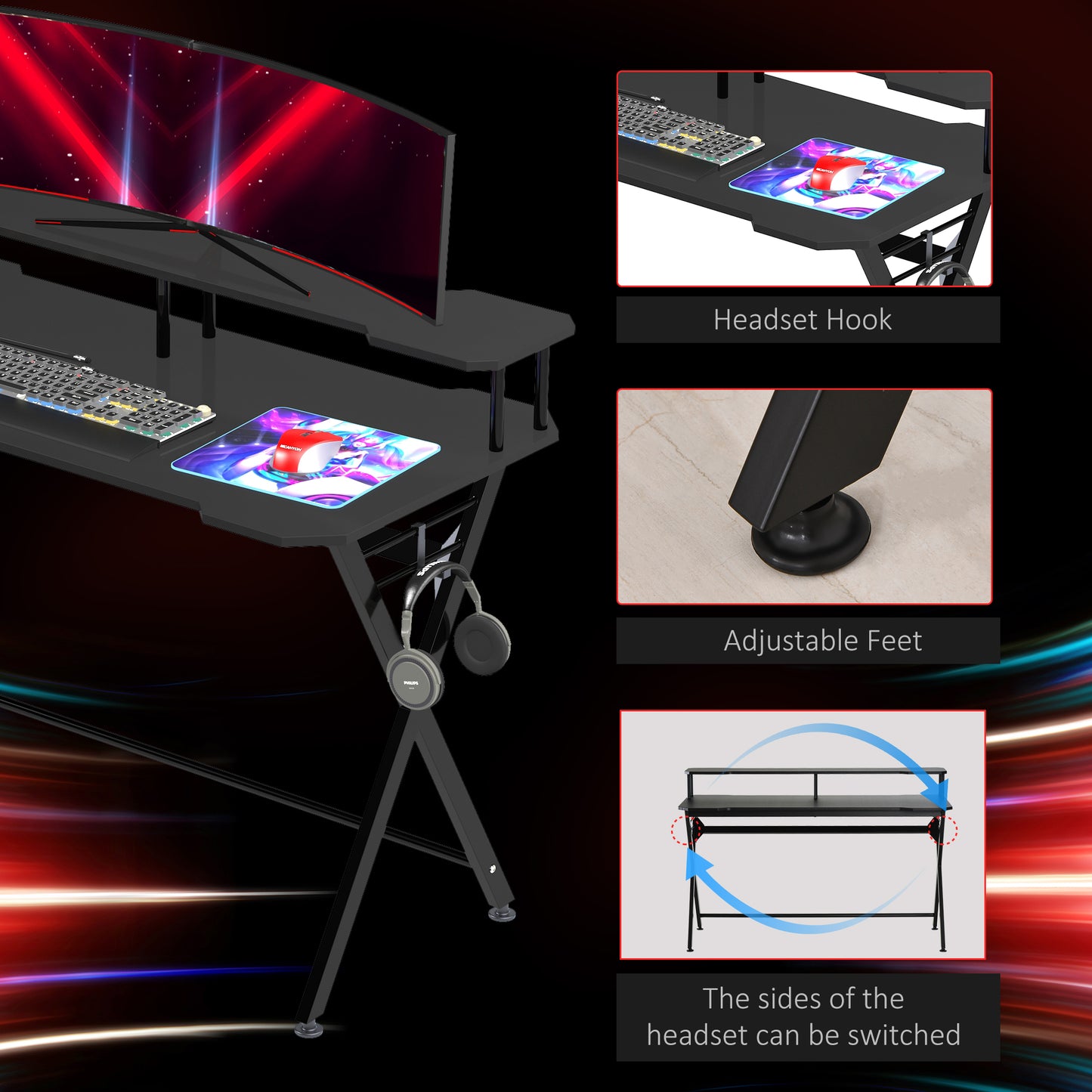 Gaming Computer Desk Writing Table w/ Headphone Hook Curved Front