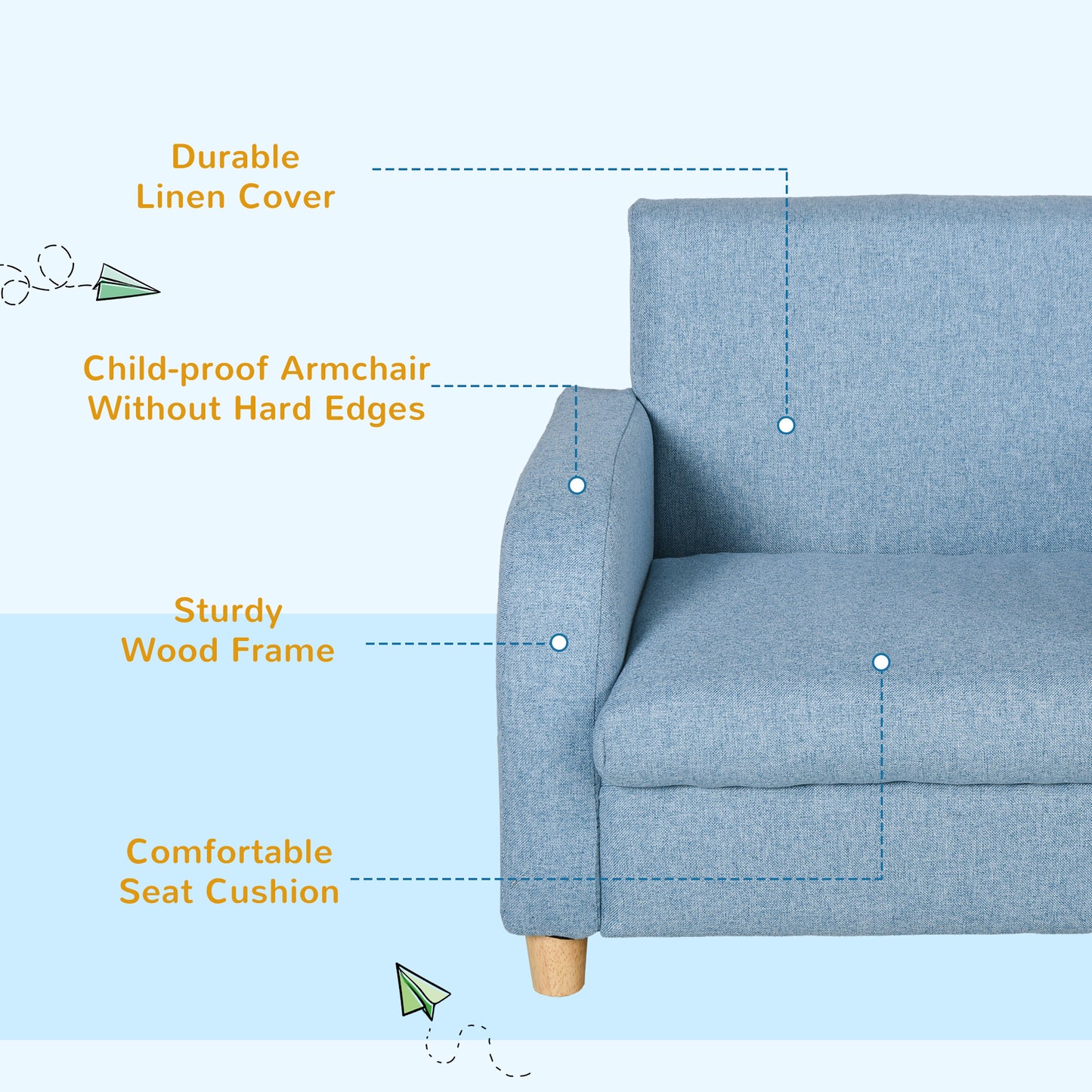 Child Armchair Wood Frame w/ Padding Seat Low-Rise Bedroom Blue