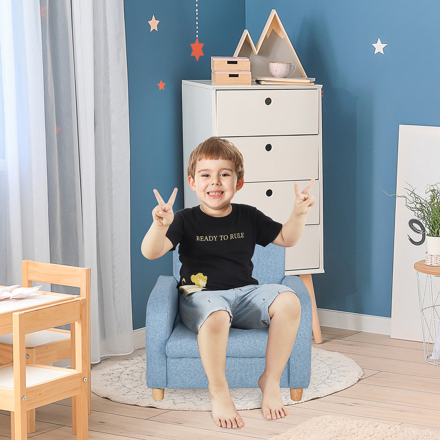 Child Armchair Wood Frame w/ Padding Seat Low-Rise Bedroom Blue