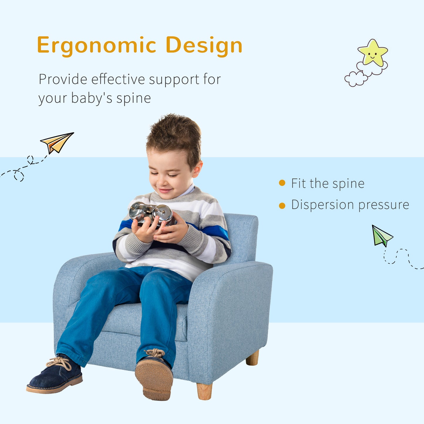 Child Armchair Wood Frame w/ Padding Seat Low-Rise Bedroom Blue