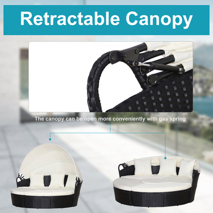Rattan Lounge Set, 5 Pieces Patio Conversation Furniture Set, Garden Round Sofa Bed with Cushion and Retractable Canopy, Black