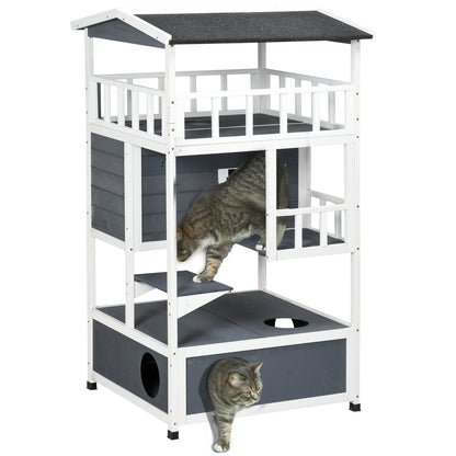 Wooden Outdoor Cat House 3-Tier Kitten Shelter w/ Tilted Roof Grey