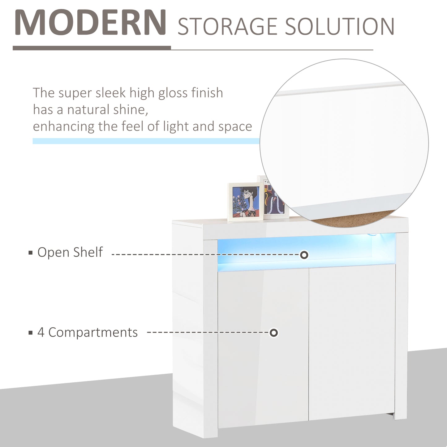 Modern High Gloss RGB LED Cabinet Cupboard Sideboard Console White