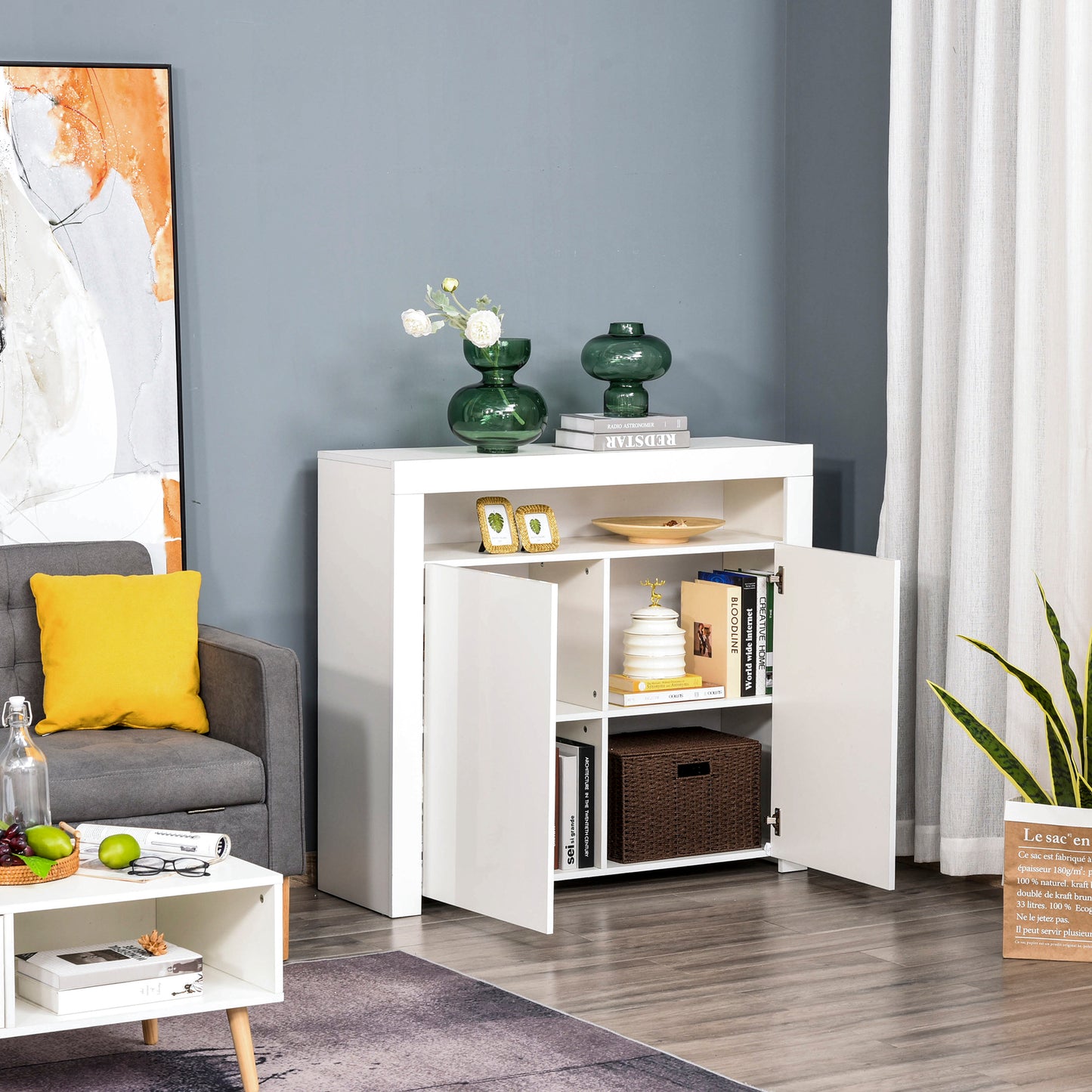 Modern High Gloss RGB LED Cabinet Cupboard Sideboard Console White