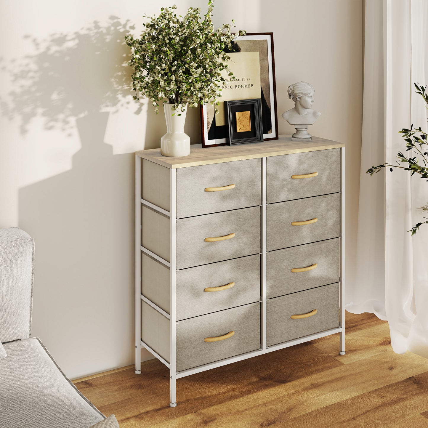 8 Drawer Fabric Chest of Drawers w/ Wooden Top for Hallway Maple
