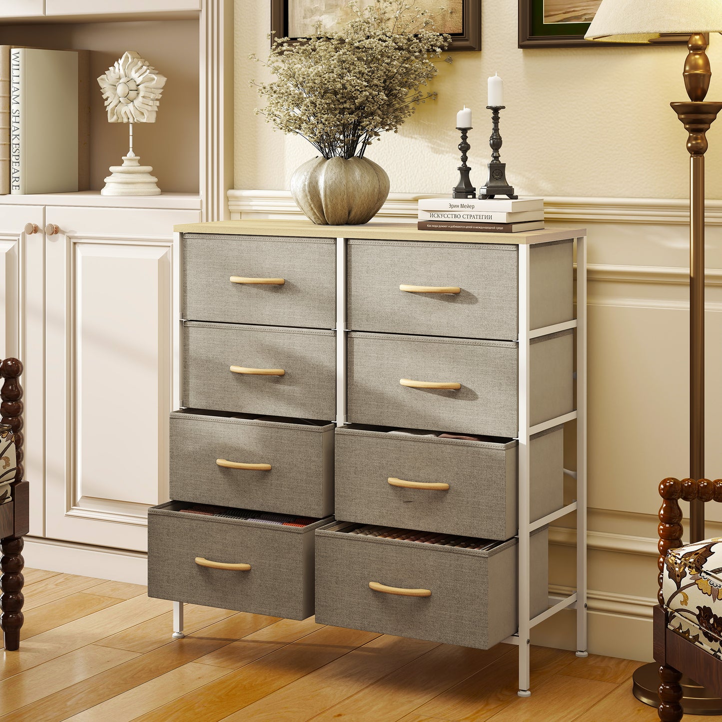 8 Drawer Fabric Chest of Drawers w/ Wooden Top for Hallway Maple