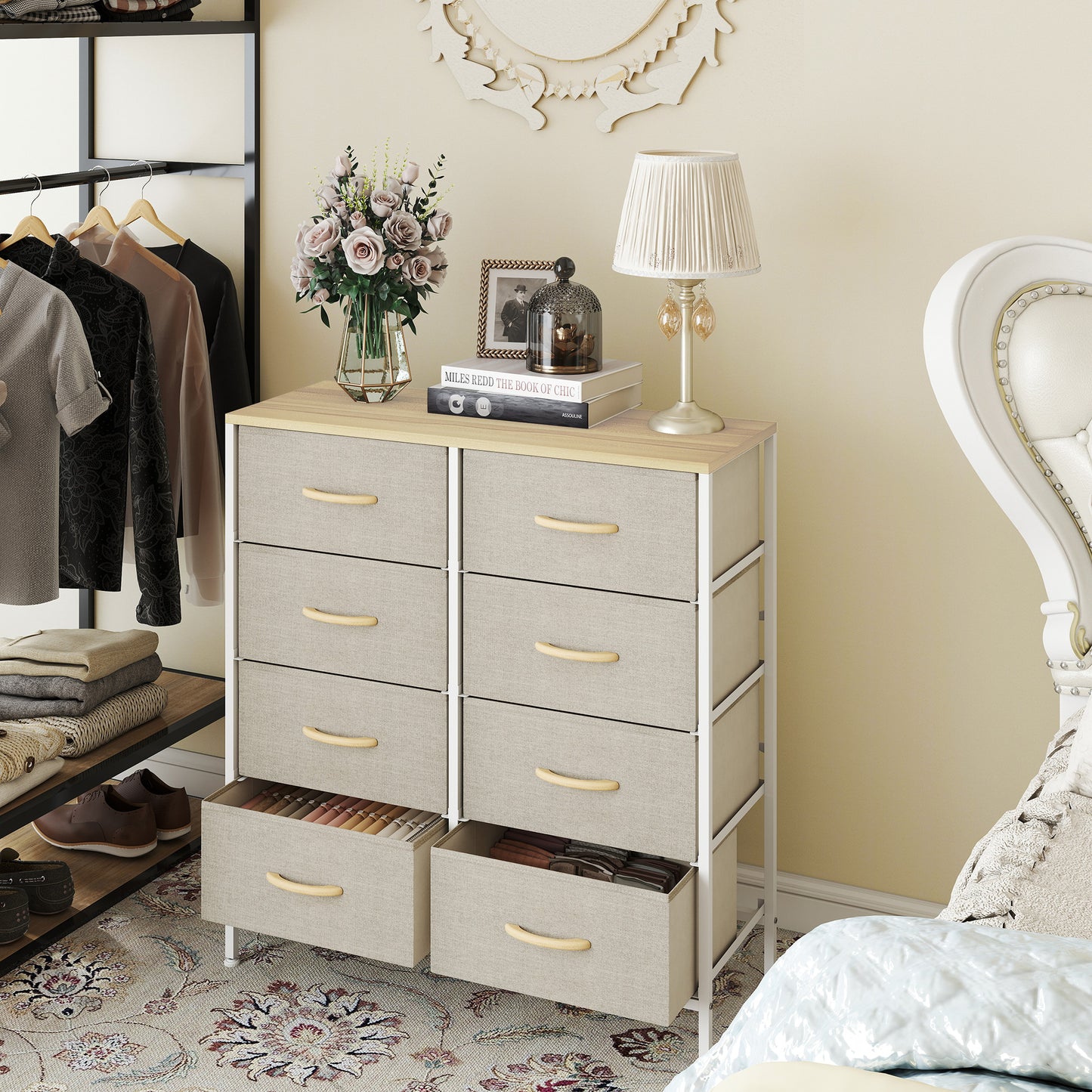 8 Drawer Fabric Chest of Drawers w/ Wooden Top for Hallway Maple