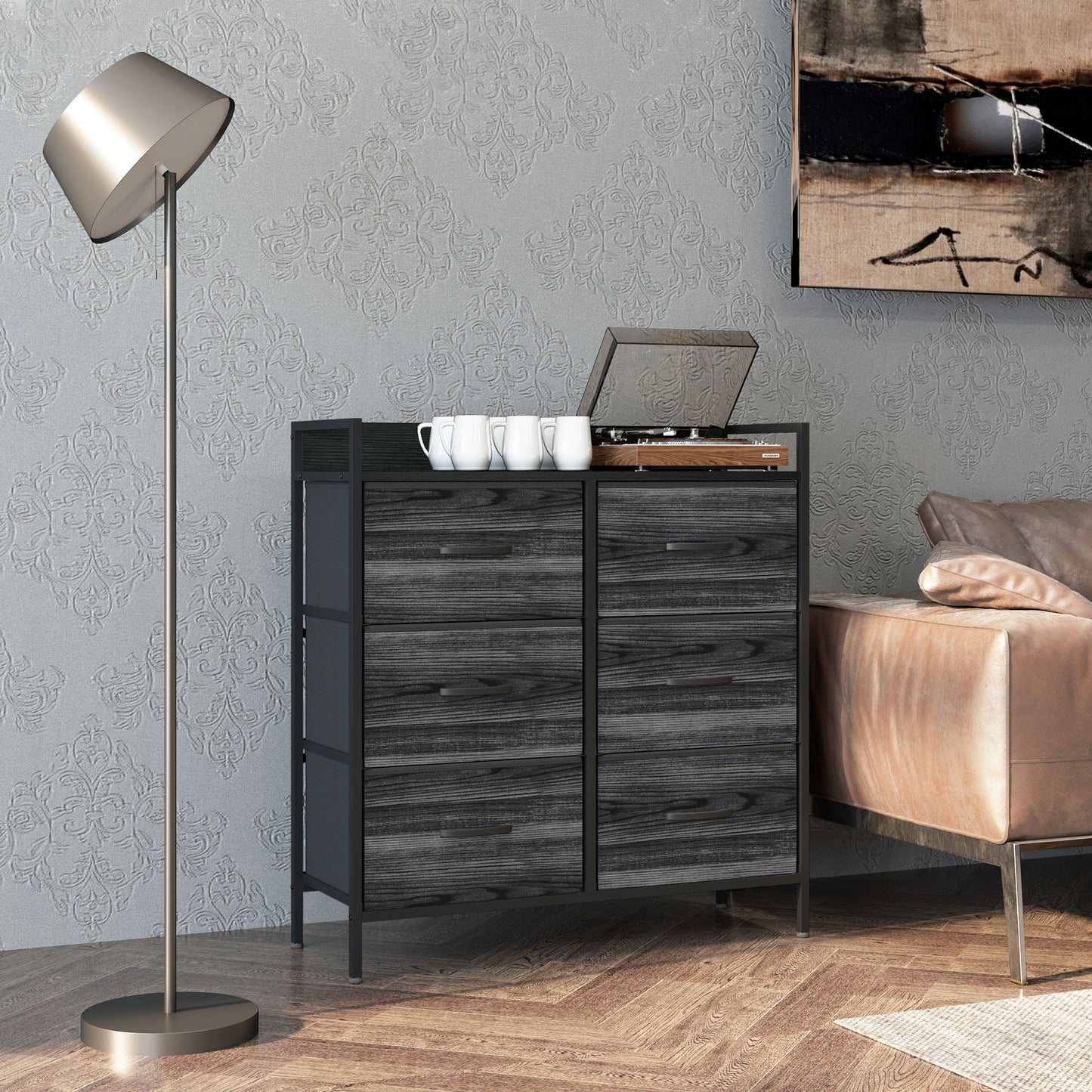 Bedroom Chest of Drawers 6 Drawer Dresser w/ Shelf, Black