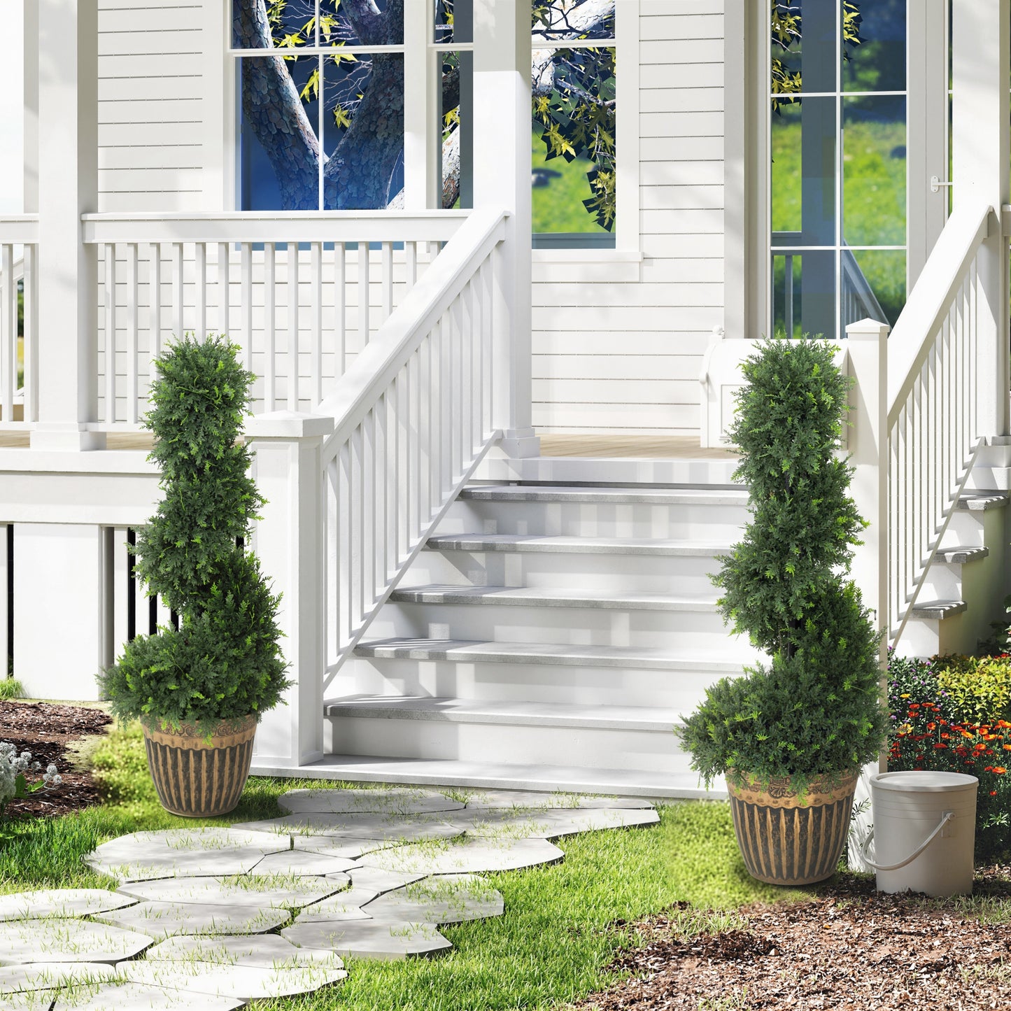 Set of 2 Potted Artificial Plants, Topiary Spiral Cypress Trees, 90cm