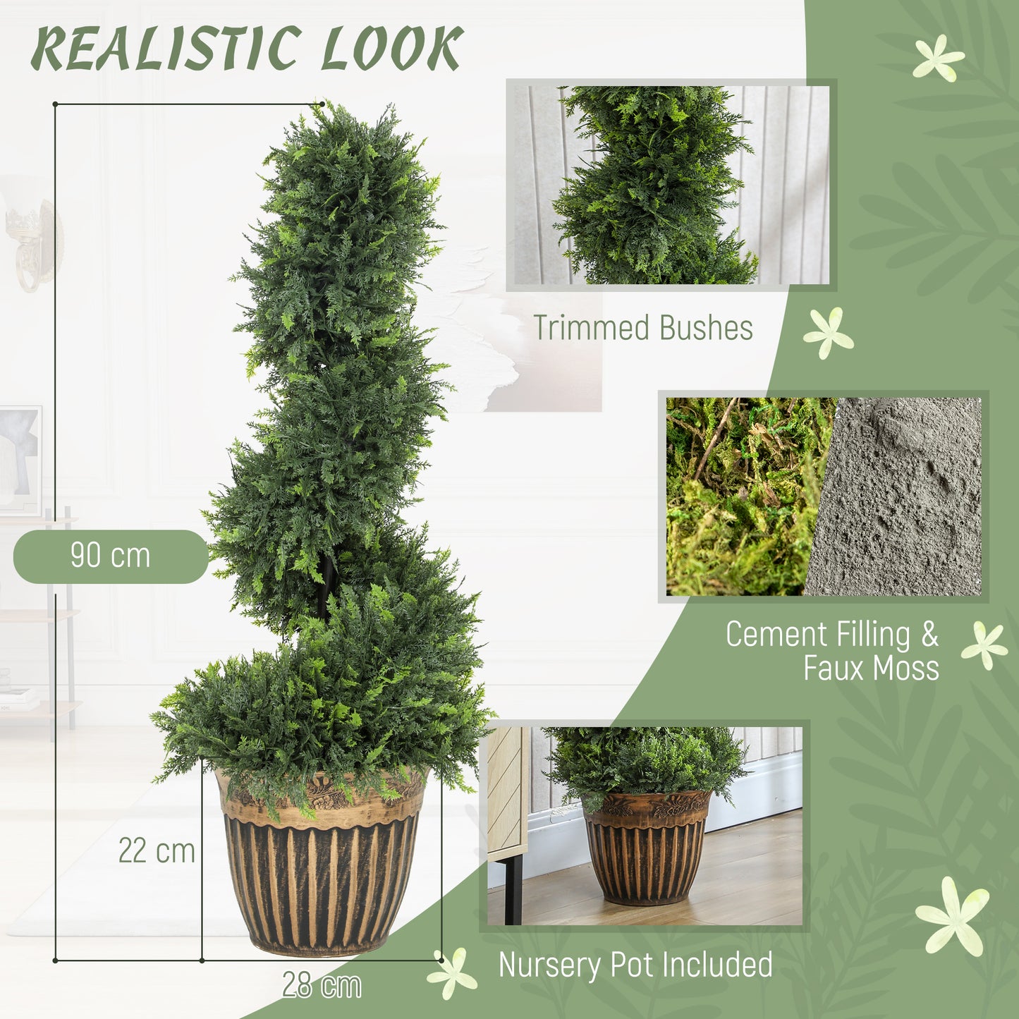 Set of 2 Potted Artificial Plants, Topiary Spiral Cypress Trees, 90cm