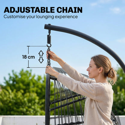 Hanging Egg Chair, Indoor Outdoor Hammock Swing Chair with Stand, Safety Strap, Foldable Basket, Thick Cushions, Headrest, Adjustable Height, Metal Frame for Garden Balcony, Black/Cream White