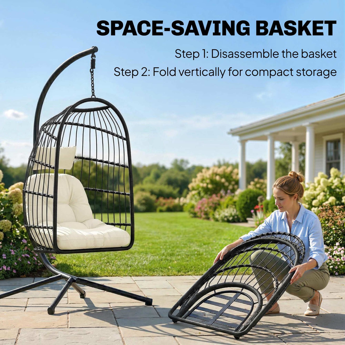 Hanging Egg Chair, Indoor Outdoor Hammock Swing Chair with Stand, Safety Strap, Foldable Basket, Thick Cushions, Headrest, Adjustable Height, Metal Frame for Garden Balcony, Black/Cream White